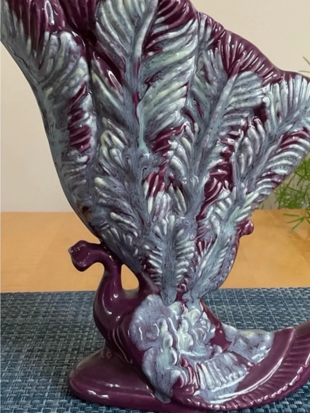 Royal Haeger Peacock Fan Vase Burgundy Drip Glaze MCM Pottery USA As Is